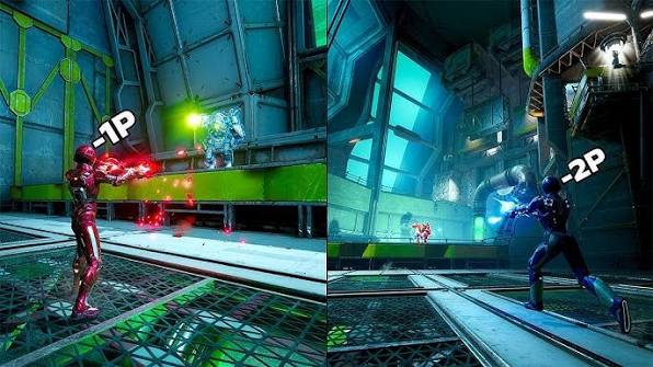 A split screen view showing two different dimensions of the same abstract environment with block barriers